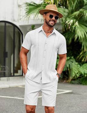 COOFANDY Men's 2 Piece Outfits Cuban Guayabera Short Sleeve Shirts and Shorts Summer Beach Vacation Sets for Men