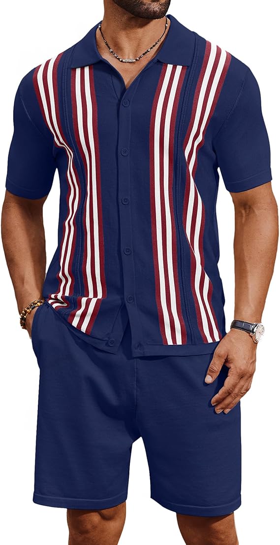 COOFANDY Men's 2 Piece Outfits Summer Short Sets Vintage Knit Button Down Shirt Short Sleeve Polo Casual Beach Suits