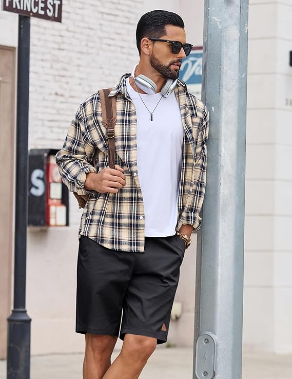COOFANDY Mens 9" Casual Shorts with Zipper Pocket Elastic Waist Drawstring Chinos Short Summer Lightweight Cotton Shorts