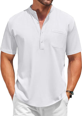 COOFANDY Men's Casual Henley Shirt Short Sleeve Summer Beach Band Collar Shirt Hippie Henley T-Shirts with Pocket
