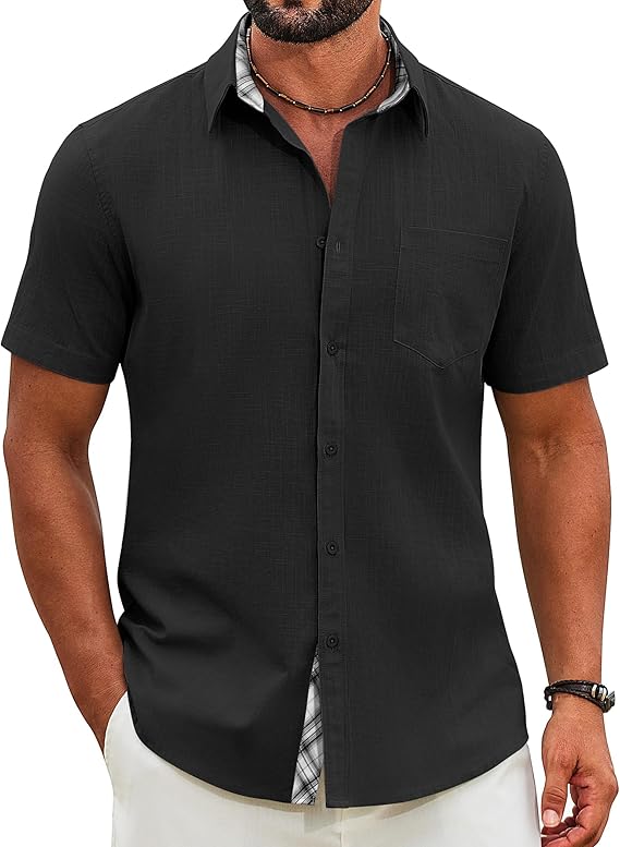 COOFANDY Men's Button Down Shirts Short Sleeve Casual Cotton Shirts Summer Beach Wedding Shirt with Pocket