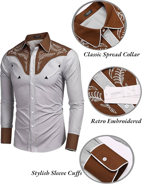 COOFANDY Men's Western Cowboy Shirt Embroidered Button Down Long Sleeve Shirts