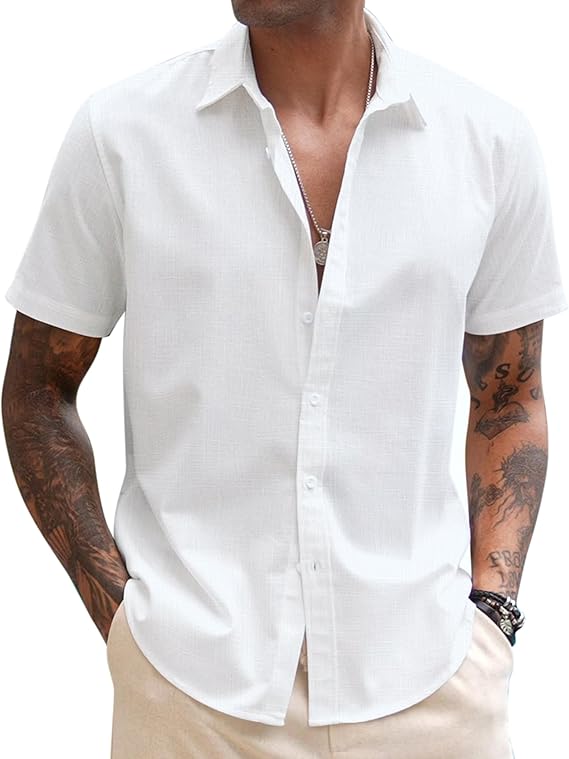 COOFANDY Mens Linen Casual Short Sleeve Shirt Button Down Summer Beach Shirts