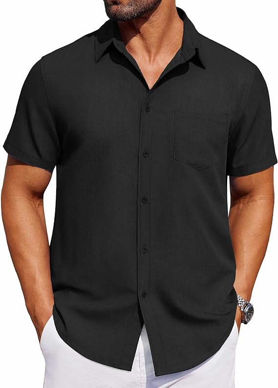 COOFANDY Men's Short Sleeve Button Down Shirt Casual Untucked Dress Shirt Stretch Denim Shirt