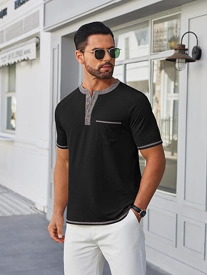 COOFANDY Mens Henley Shirts Short Sleeve Casual Button T-Shirts Basic Tee Shirts Summer Vintage T Shirts with Pocket