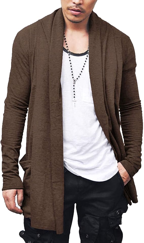 COOFANDY Men's Ruffle Shawl Collar Cardigan Open Front Lightweight Long Length Drape Cape Overcoat with Pockets S-XXXL