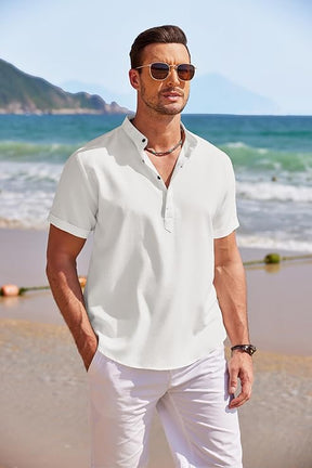 COOFANDY Men's Casual Cotton Shirts Band Collar Long Sleeve Beach Hippie T Shirts