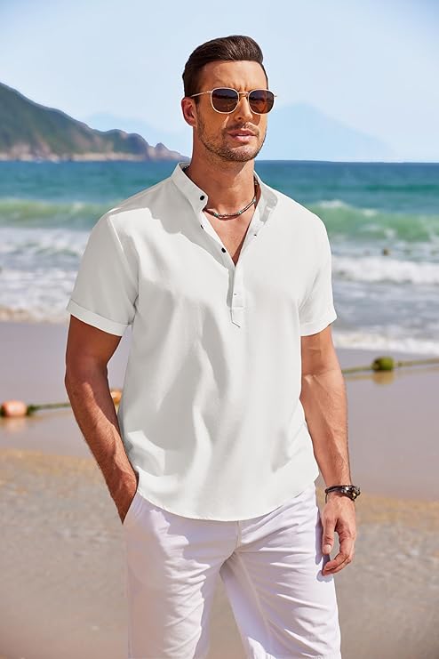 COOFANDY Men's Casual Cotton Shirts Band Collar Long Sleeve Beach Hippie T Shirts