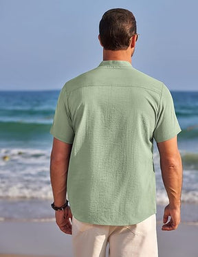 COOFANDY Men's Henley Shirts Band Collar Short Sleeve T-Shirts Casual Summer Beach Shirt Hippie Fashion Hawaiian Shirt