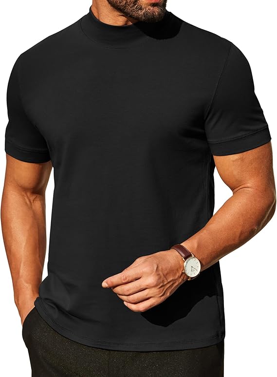 COOFANDY Mens Mock Turtleneck Shirts Casual Premium Cotton Short Sleeve Shirt Basic Half Neck T-Shirts