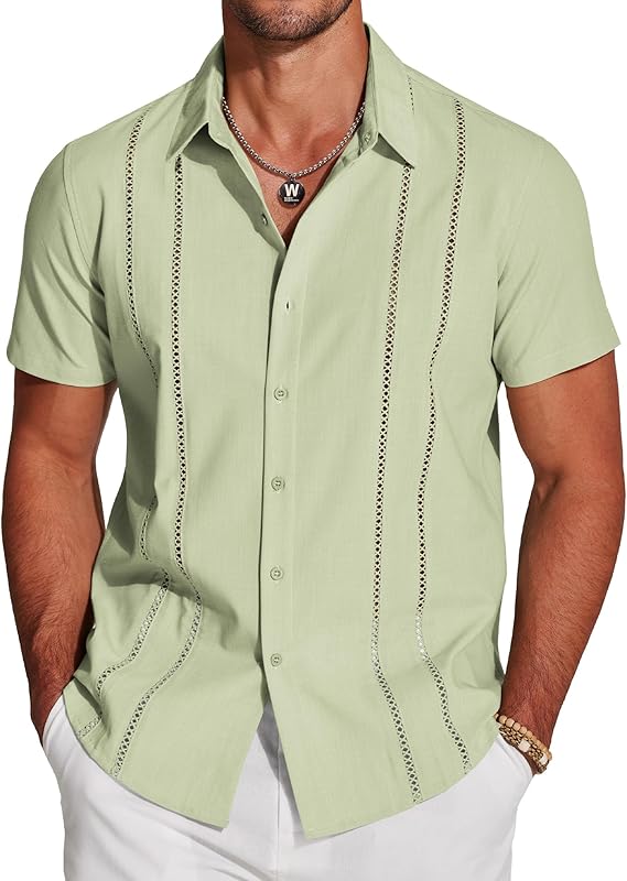 COOFANDY Men's Saint Patrick's Day Green Linen Cuban Guayabera Shirt