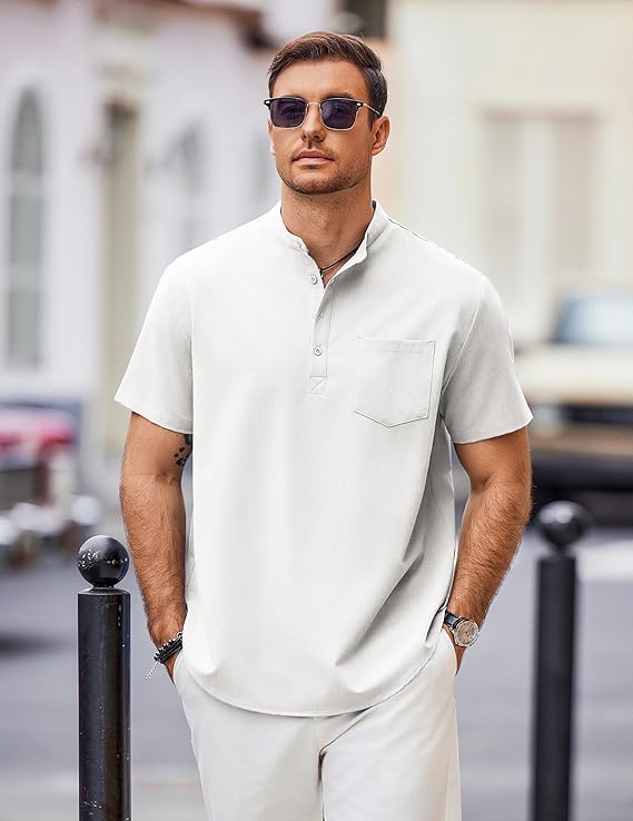 COOFANDY Mens Casual Henley Shirts Band Collar Short Sleeve T-Shirts Summer Stylish Beach Hippie Shirt