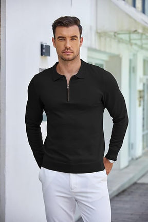 COOFANDY Mens Knit Polo Shirt Quarter Zip Slim Fit Pullover Long Sleeve Sweater Polo