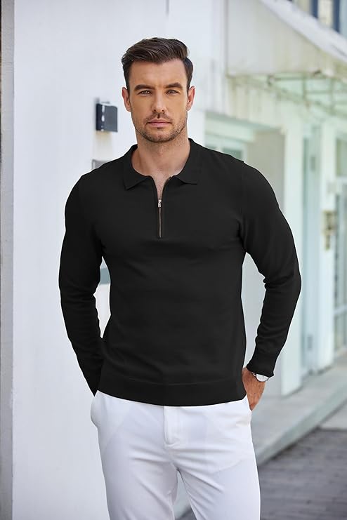 COOFANDY Mens Knit Polo Shirt Quarter Zip Slim Fit Pullover Long Sleeve Sweater Polo
