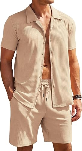 COOFANDY Short Sets for Men Casual Short Sleeve Cuban Collar Shirt Beach Outfits Sets
