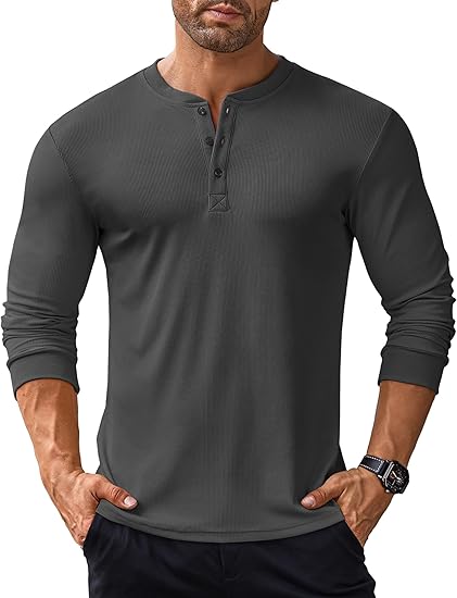 COOFANDY Men's Long Sleeve Henley Shirts Stretch Ribbed T-Shirts Fashion Casual Basic Tops
