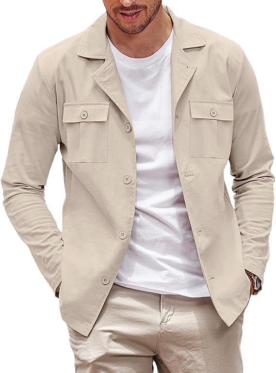 COOFANDY Mens Casual Shirt Jackets Cotton Linen Work Shacket Button Down Overshirt with Pockets
