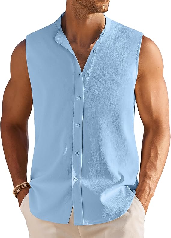 COOFANDY Men's Summer Beach Tank Tops Sleeveless Button Up Shirt Casual Textured Tank Shirts