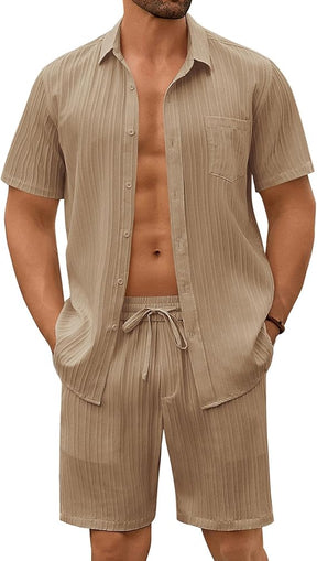 COOFANDY Mens Beach Outfits 2 Piece Sets Casual Short Sleeve Button Down Summer Textured Shirt