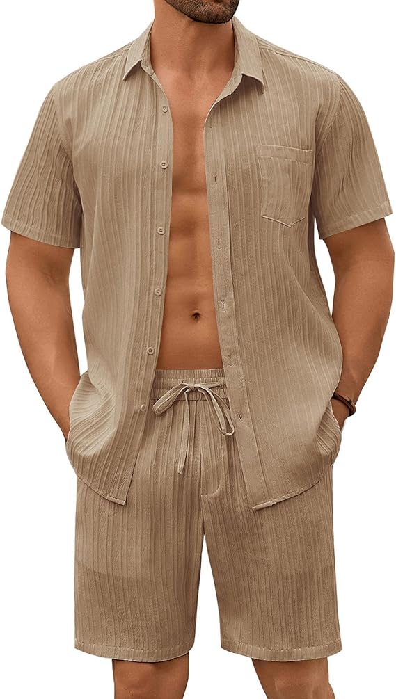 COOFANDY Mens Beach Outfits 2 Piece Sets Casual Short Sleeve Button Down Summer Textured Shirt