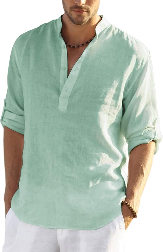 COOFANDY Men's Saint Patrick's Day Green Cotton Linen Henley Shirt Long Sleeve Casual Beach Tee