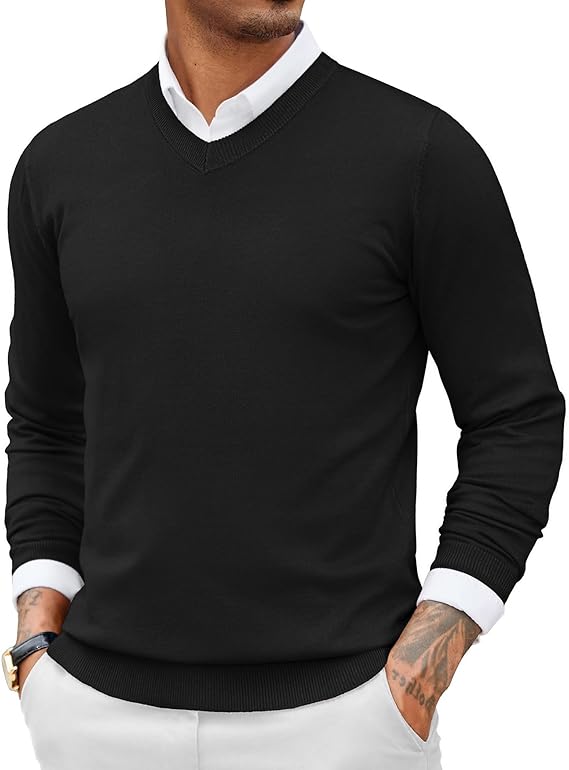 COOFANDY Men Casual V Neck Sweater Ribbed Knit Slim Fit Long Sleeve Pullover Top