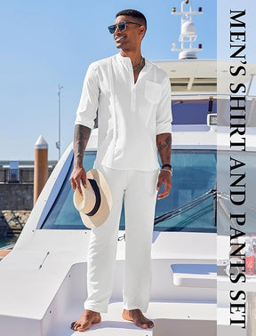 COOFANDY Men's 2 Piece Cotton Sets Casual Long Sleeve Cuban Henley Shirt and Loose Pants Set Beach Vacation Outfits