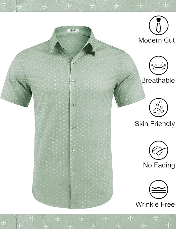 COOFANDY Mens Wrinkle Free Dress Shirt Polka Dot Short Sleeve Button Down Business Casual Shirts