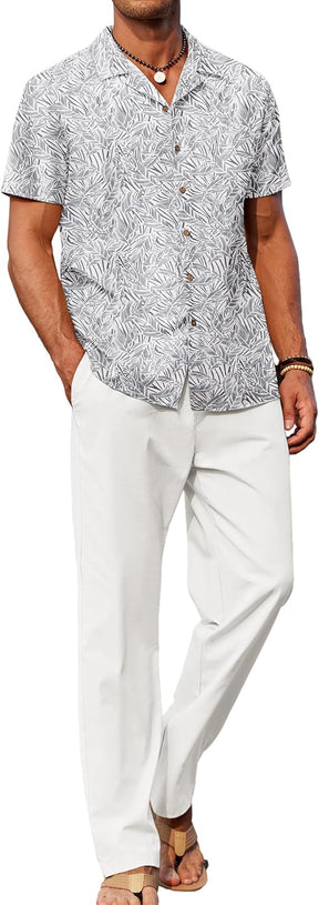 COOFANDY Men 2 Piece Linen Outfit Beach Button Down Shirt Casual Loose Pant Sets