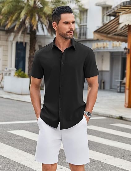 COOFANDY Mens Casual Shirts Short Sleeve Button Down Shirt Wrinkle Free Summer Shirt
