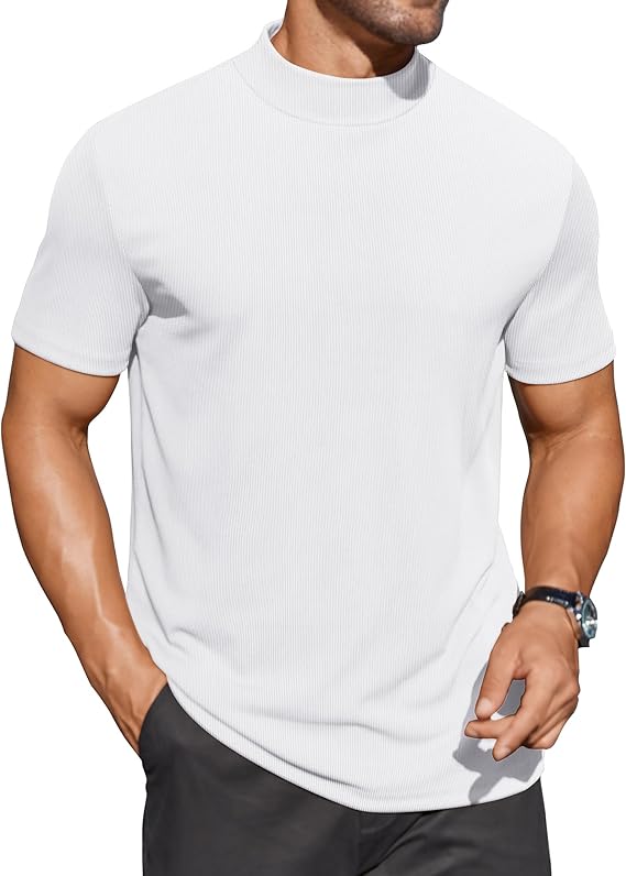 COOFANDY Mens Mock Turtleneck Shirts Short Sleeve Casual Basic T-Shirts Ribbed Solid Pullover Tops