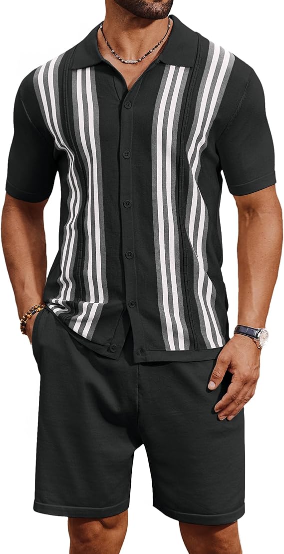 COOFANDY Men's 2 Piece Outfits Summer Short Sets Vintage Knit Button Down Shirt Short Sleeve Polo Casual Beach Suits