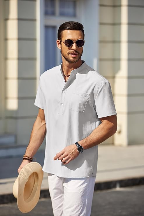 COOFANDY Men's Casual Henley Shirt Short Sleeve Summer Beach Band Collar Shirt Hippie Henley T-Shirts with Pocket