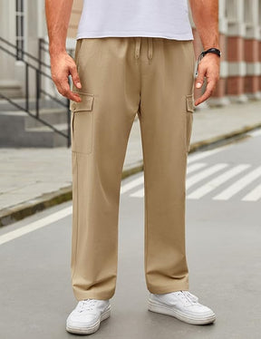COOFANDY Mens Casual Cargo Pants Relaxed Fit Outdoor Hiking Pants Cotton Drawstring Sweatpants with Pockets, Khaki, Small