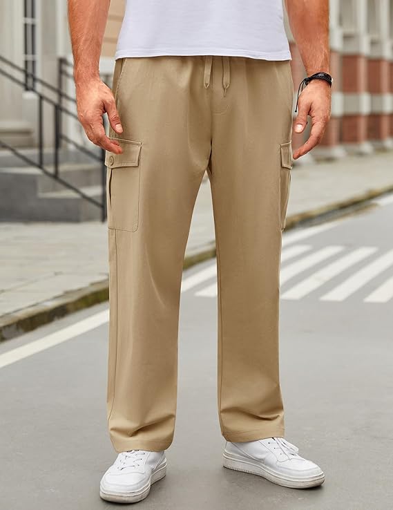 COOFANDY Mens Casual Cargo Pants Relaxed Fit Outdoor Hiking Pants Cotton Drawstring Sweatpants with Pockets, Khaki, Small