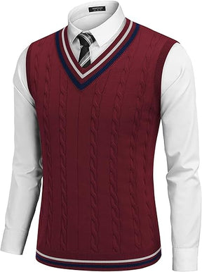 COOFANDY Men's Sweater Vest V Neck Casual Sleeveless Pullover Striped Cable Knit Sweater Vest