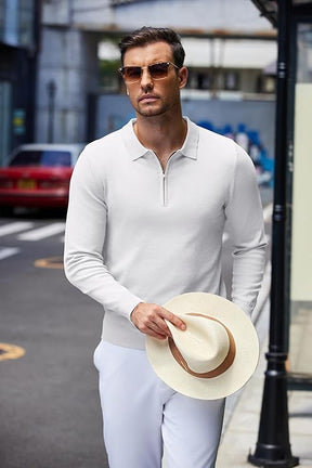 COOFANDY Mens Knit Polo Shirt Quarter Zip Slim Fit Pullover Long Sleeve Sweater Polo