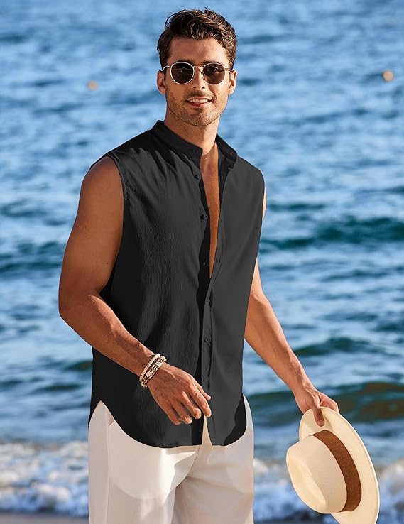 COOFANDY Men's Summer Beach Tank Tops Sleeveless Button Up Shirt Casual Textured Tank Shirts
