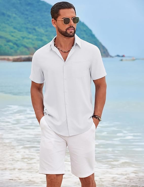 COOFANDY Men's Short Sleeve Casual Button Down Shirts Summer Beach Wedding Textured Linen Shirt for Men