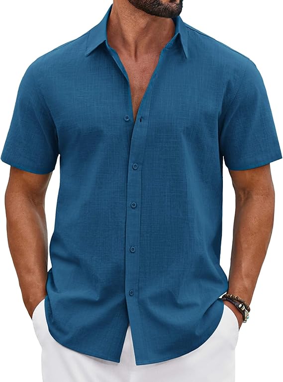 COOFANDY Mens Button Down Shirts Short Sleeve Casual Shirt Cotton Summer Beach Linen Wedding Shirts
