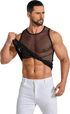 COOFANDY Men Casual Tank Tops Mesh Shirt See Through Sleeveless Shirts Muscle Fishnet Fitted Tee Clubwear Summer