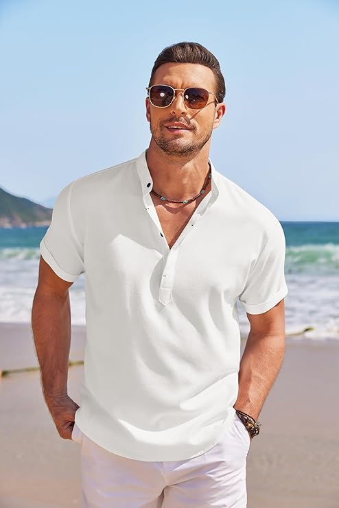COOFANDY Men's Casual Cotton Shirts Band Collar Long Sleeve Beach Hippie T Shirts