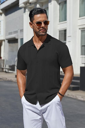 COOFANDY Men's Knit Shirt Short Sleeve Button Down Vintage Polo Shirts Casual Summer Beach Shirts