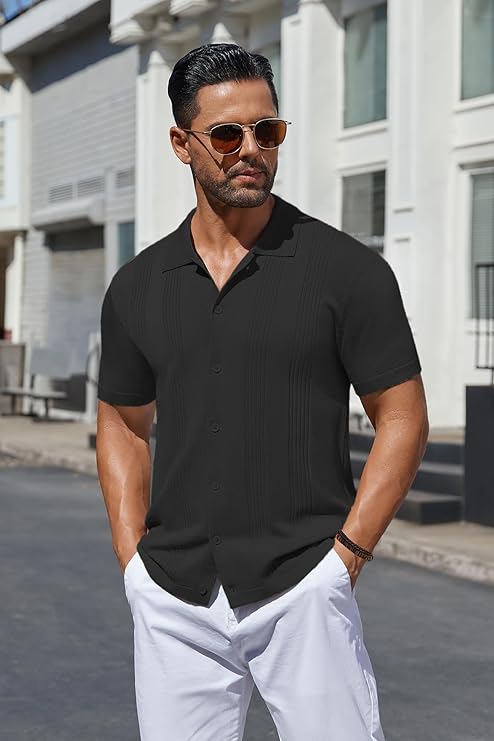 COOFANDY Men's Knit Shirt Short Sleeve Button Down Vintage Polo Shirts Casual Summer Beach Shirts