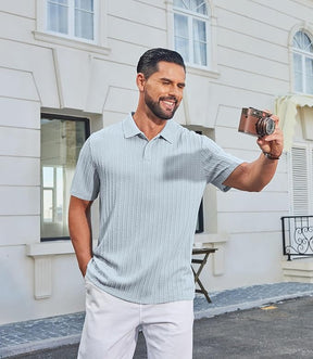 COOFANDY Mens Polo Shirt Textured Knit Button Casual Short Sleeve Summer Vacation Beach Stretchy Golf Shirts