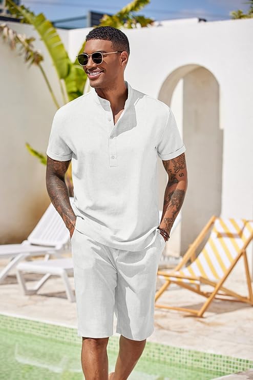 COOFANDY Men's 2 Pieces Set Short Sleeve Henley Shirts and Shorts Pants Texture Summer Beach Vacation Outfits