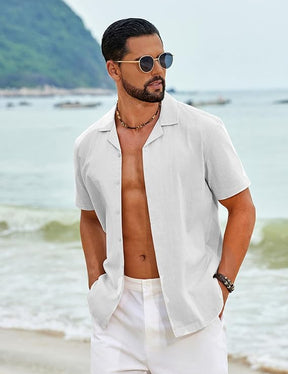 COOFANDY Men's Cotton Shirts Short Sleeve Button Down Shirts Casual Beach Summer Cuban Collar Shirt
