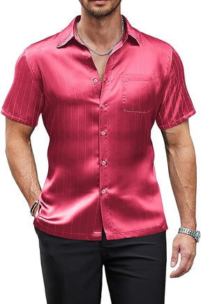 COOFANDY Men's Silk Short Sleeve Dress Shirts Casual Satin Button Up Shirts with Pocket Party Prom Wedding