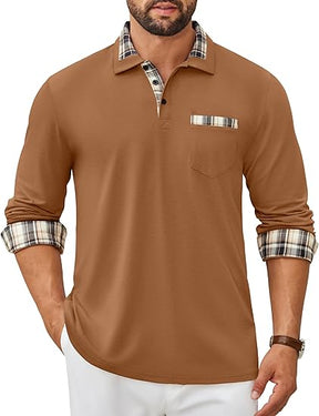 COOFANDY Men's Polo Shirt Long Sleeve Casual Button Polo Tee Plaid Collared Golg Shirt with Pocket
