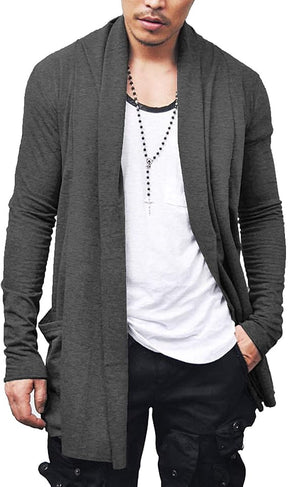COOFANDY Men's Ruffle Shawl Collar Cardigan Open Front Lightweight Long Length Drape Cape Overcoat with Pockets S-XXXL